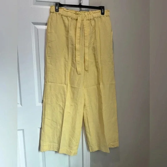 POLO RALPH LAUREN HIGH-WAISTED WIDE-LEG LINEN PANTS IN YELLOW Sz : L
